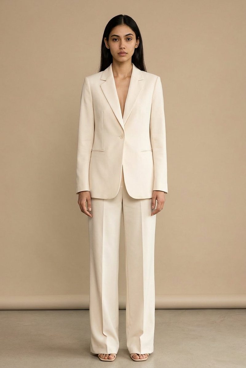 Aanya, AI-generated model: full-length in an ivory suit