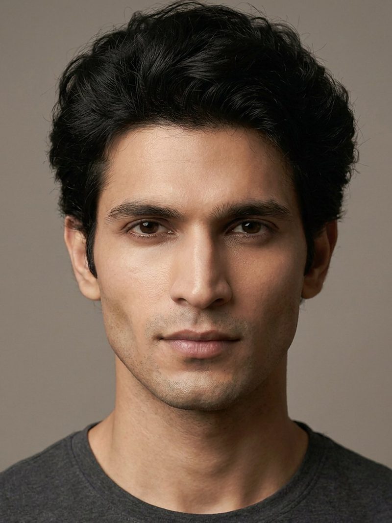 Arjun, AI-generated model: headshot in a charcoal tee with wavy dark hair