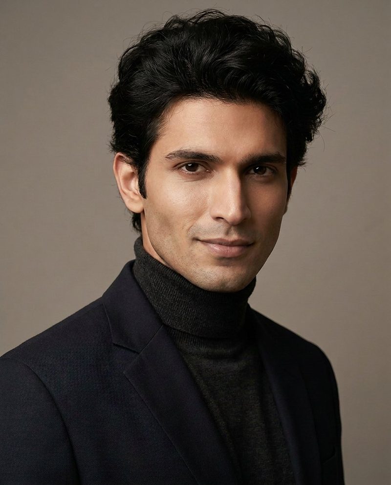Arjun, AI-generated model: portrait in a navy blazer over a black turtleneck