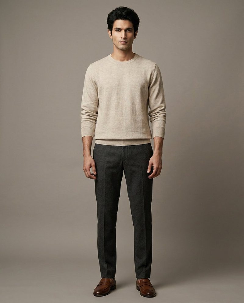 Arjun, AI-generated model: full-length in a beige sweater and dark trousers
