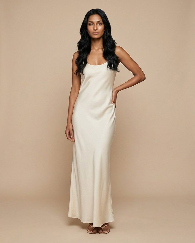 Mira, AI-generated model: full-length in an ivory slip dress