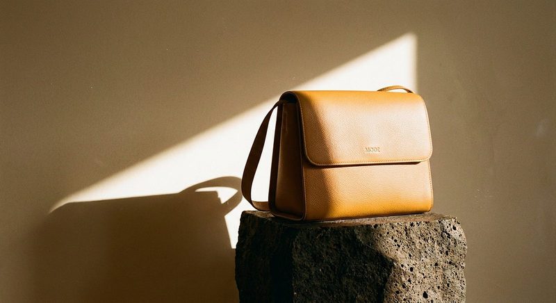 Tan leather satchel on a rough stone block in a shaft of sunlight