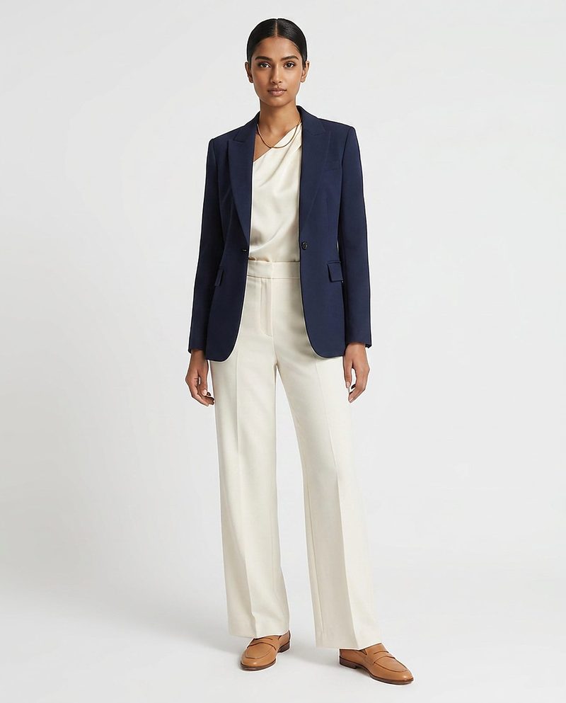 Woman in a navy blazer and ivory trousers, full-length studio shot