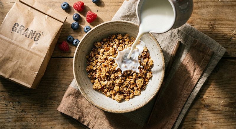 Milk pouring into a bowl of granola with berries on a wooden board