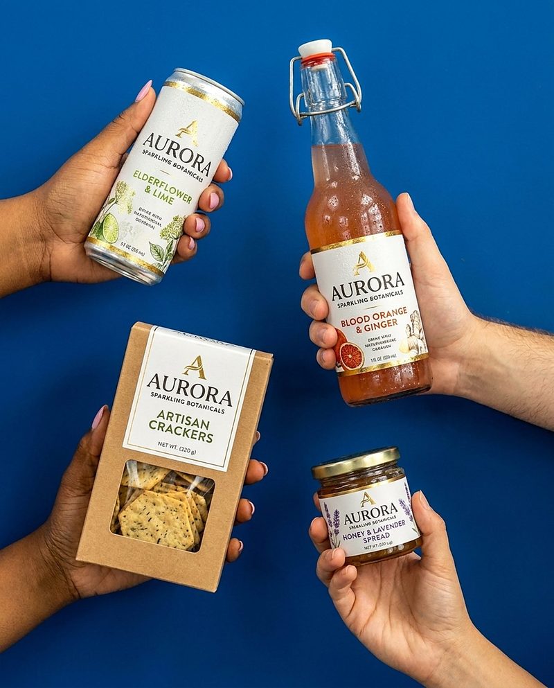 Hands holding sparkling botanical drinks, crackers and a jar on a blue backdrop
