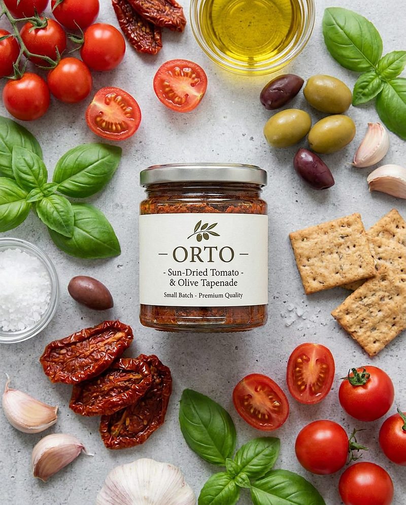 Sun-dried tomato tapenade jar surrounded by tomatoes, olives, basil and crackers
