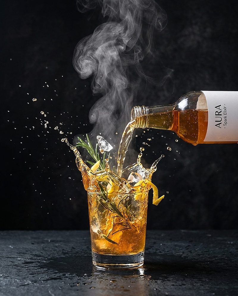Amber drink pouring into an ice-filled glass with steam on a dark backdrop