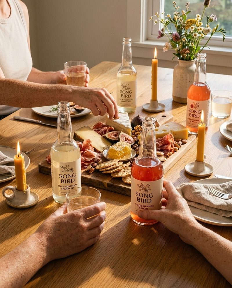 Friends sharing a candlelit table with bottled sodas, a cheese board and flowers