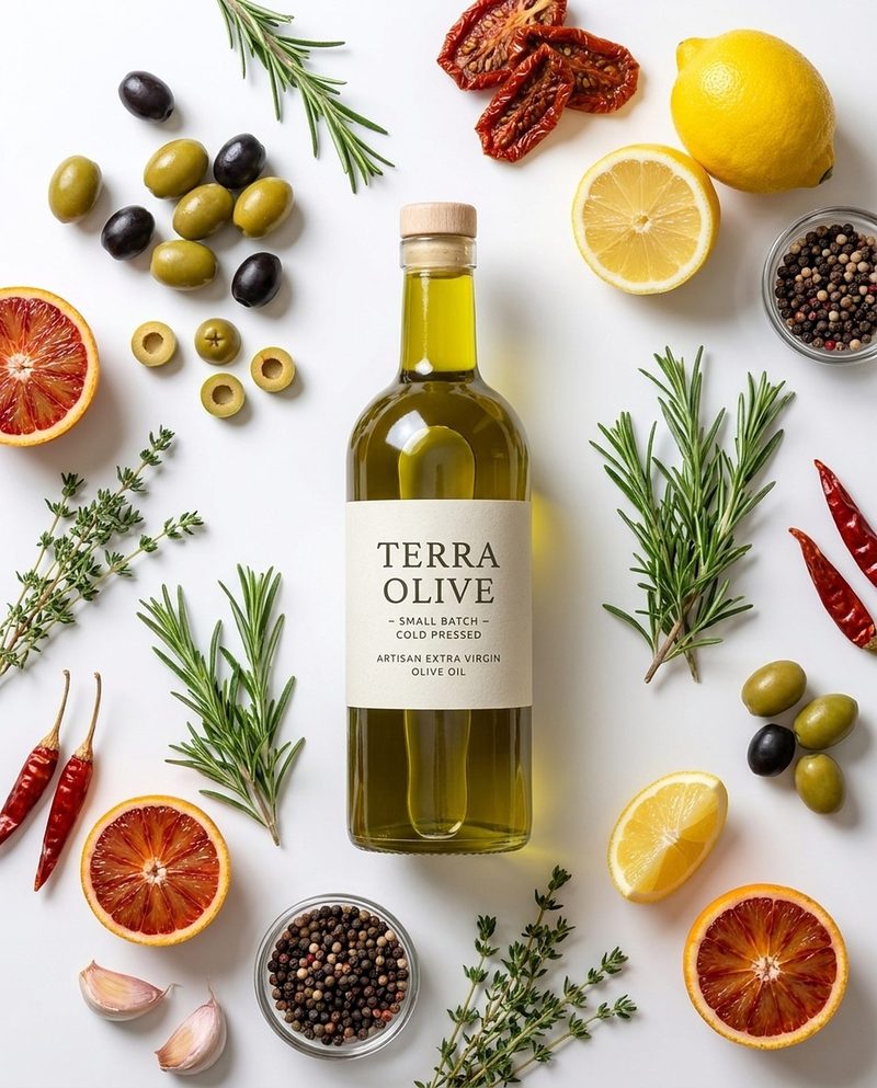 Olive oil bottle in a flat lay of olives, lemons, rosemary, chillies and blood oranges