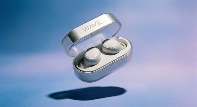 White wireless-earbud case floating above a lilac backdrop with a soft shadow