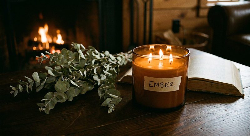 Amber glass candle burning by a fireplace with eucalyptus and an open book