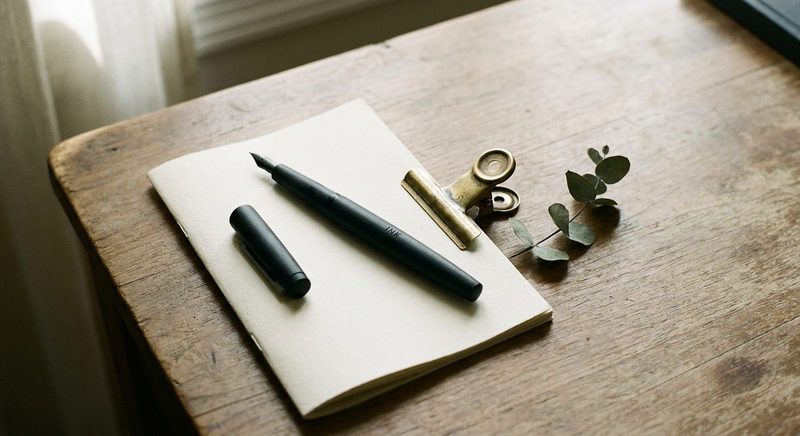 Fountain pen and notebook on a wooden desk in window light