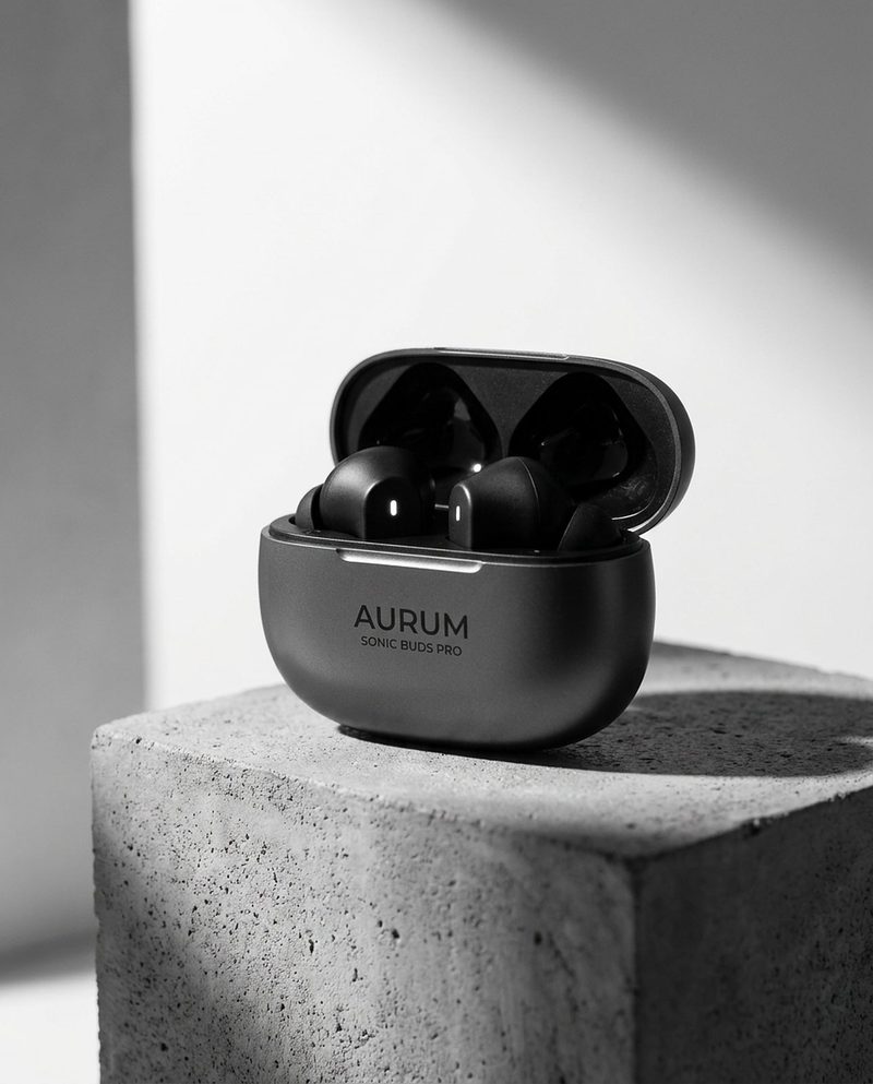 Charcoal wireless earbuds in an open case on a concrete block
