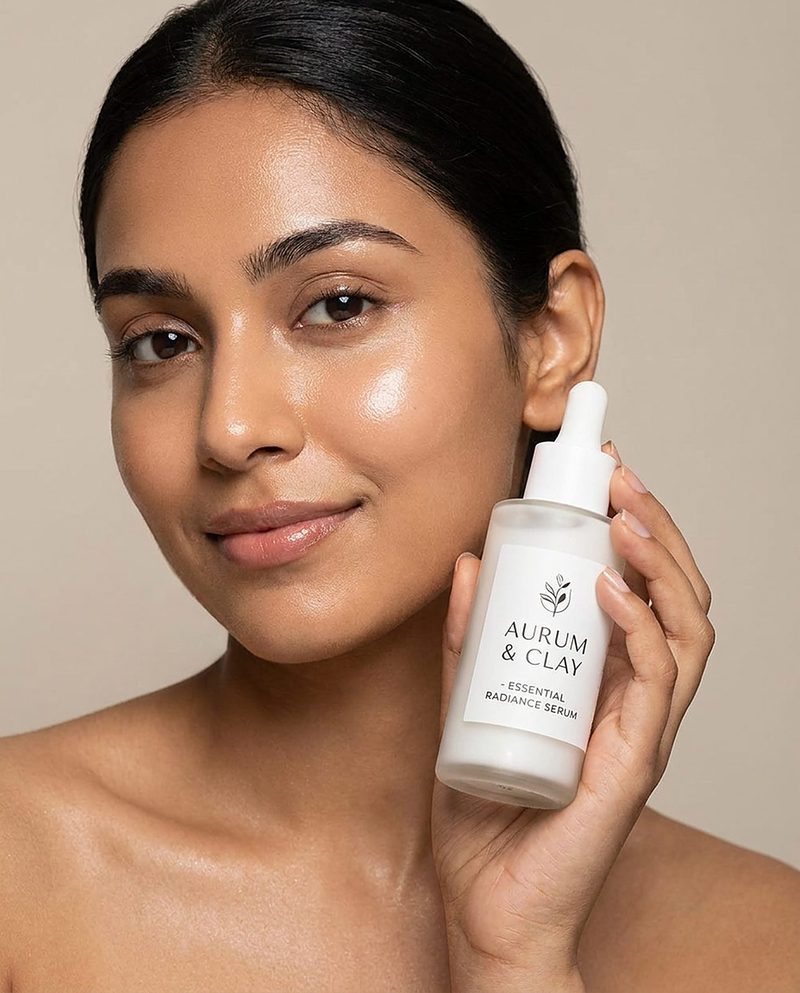 Woman with glowing skin holding a frosted serum bottle near her cheek