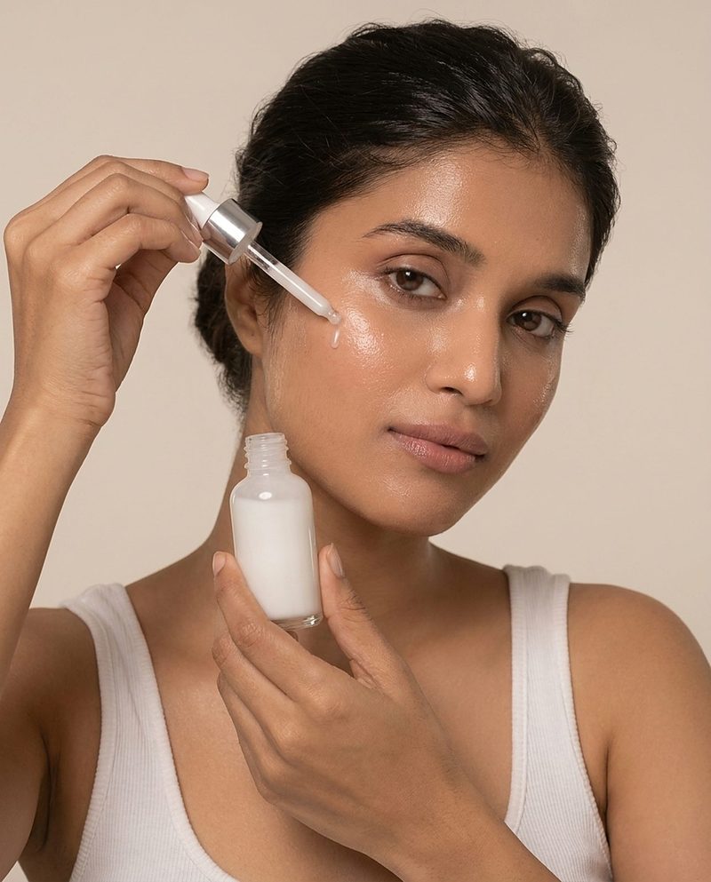 Woman applying serum to her cheek with a dropper in a neutral studio