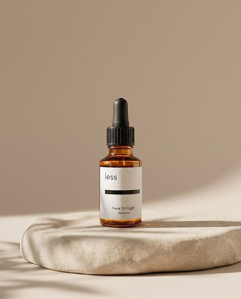 Amber dropper bottle of face oil resting on a flat stone with a warm shadow