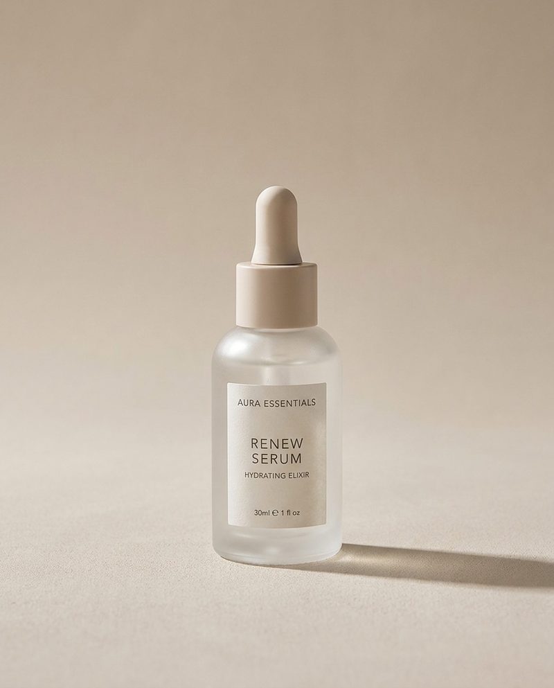 Frosted serum bottle casting a long shadow on a beige studio backdrop