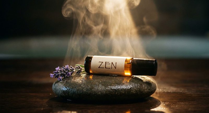 Roll-on wellness oil on a black stone with lavender and rising steam