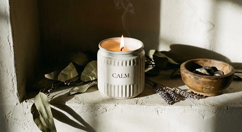 Lit ribbed glass candle on a stucco ledge with dried leaves