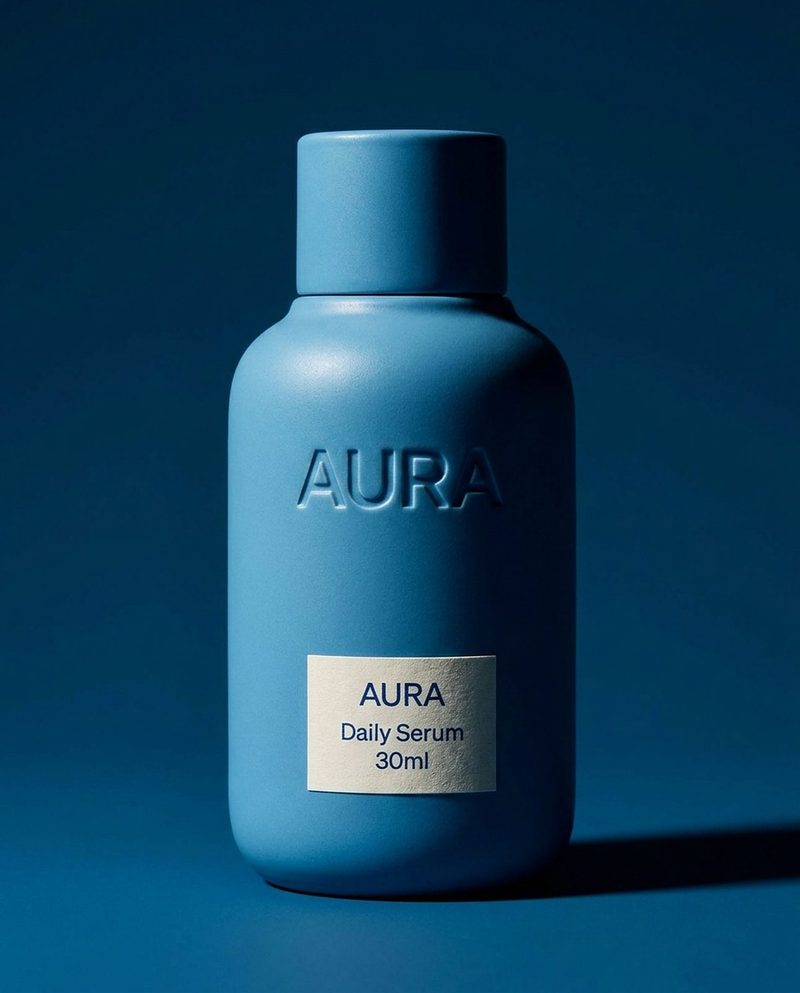 Matte blue daily-serum bottle on a deep blue backdrop