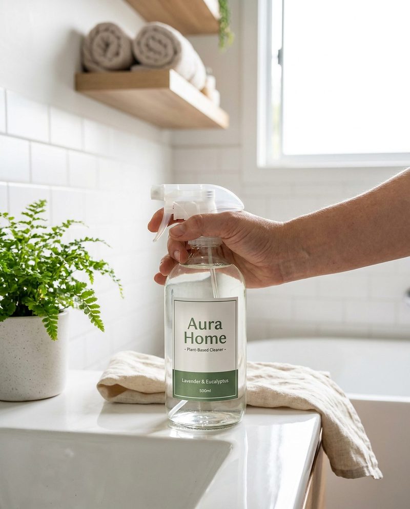Hand spraying a plant-based home cleaner on a bathroom counter beside a fern