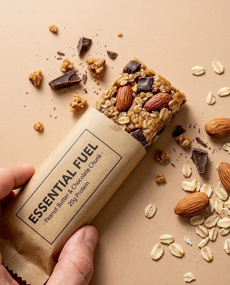 Hand holding a peanut-butter chocolate protein bar with oats and almonds scattered around
