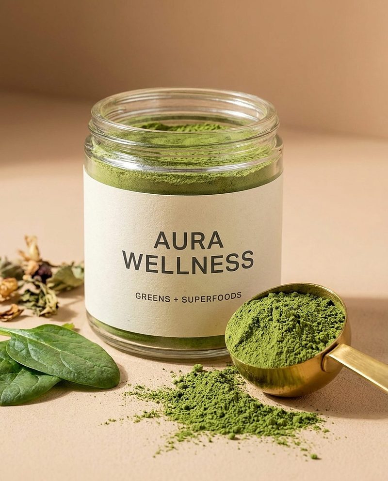 Open jar of green superfood powder with a gold scoop and spinach leaves