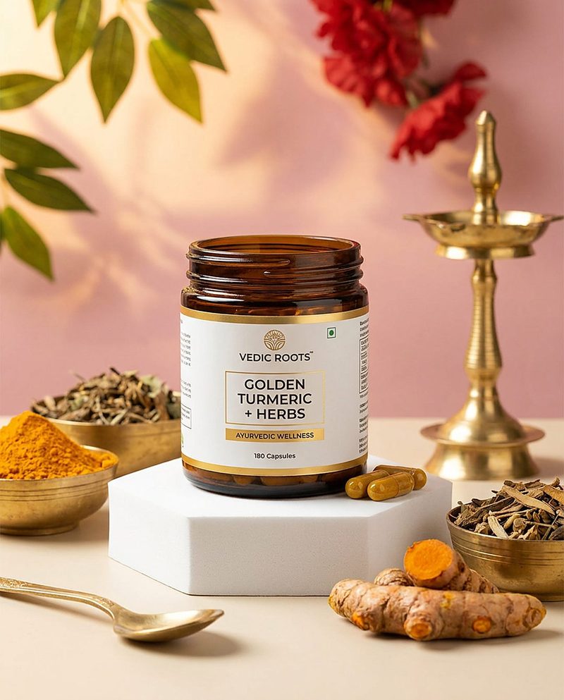 Turmeric herbal capsule jar on a white plinth with a brass lamp, turmeric root and dried herbs