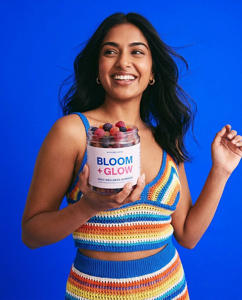 Laughing woman in a striped knit holding a jar of wellness gummies on a blue backdrop