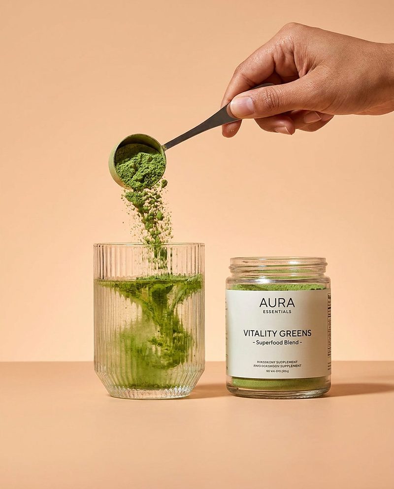 Green powder being scooped into a glass of water beside a greens jar