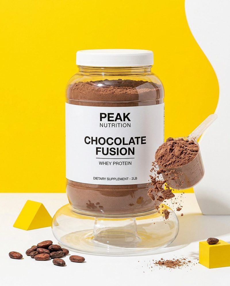 Chocolate whey-protein tub with a scoop and cocoa beans on a yellow backdrop